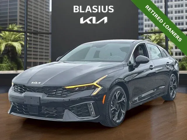 2026 Kia K5 GT-Line in Aurora Black Pearl — front three-quarter view