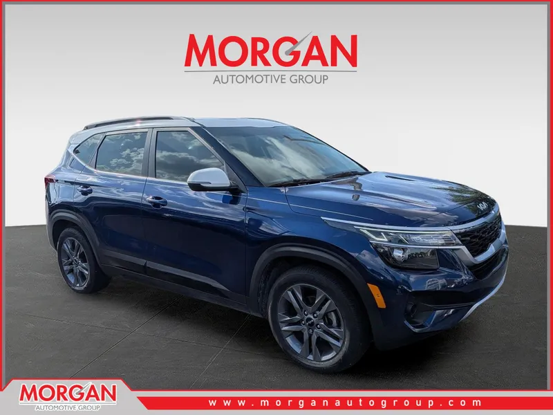 2023 Kia Seltos S in Dark Ocean Blue/White Roof — front three-quarter view