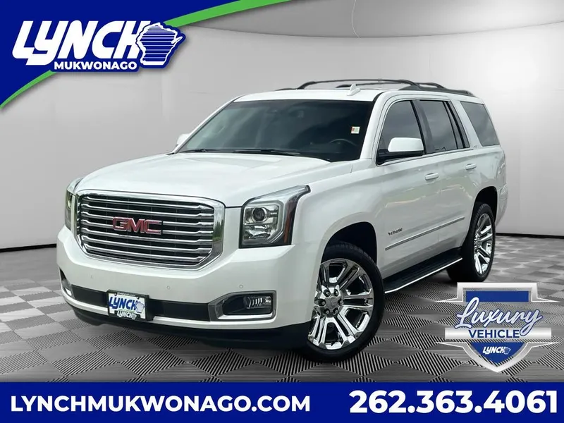 2019 GMC Yukon SLT in White Frost Tricoat — front three-quarter view