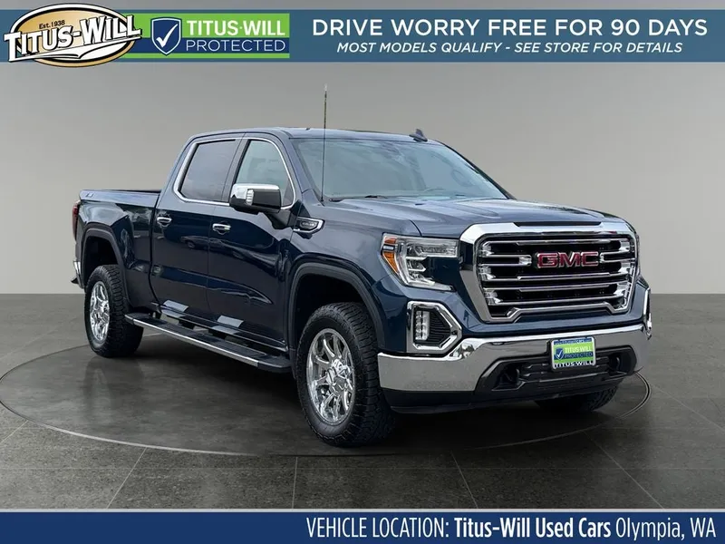 2019 GMC Sierra 1500 SLT in Pacific Blue Metallic — front three-quarter view