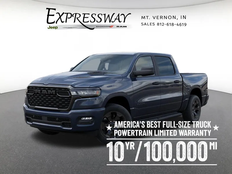 2026 RAM 1500 Express 4x4 Crew Cab 5'7 Box in Forged Blue Metallic Exterior Paint — front three-quarter view