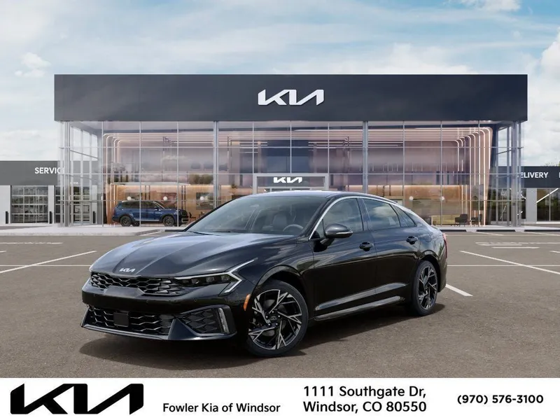 2026 Kia K5 GT-Line in Aurora Black Pearl — front three-quarter view