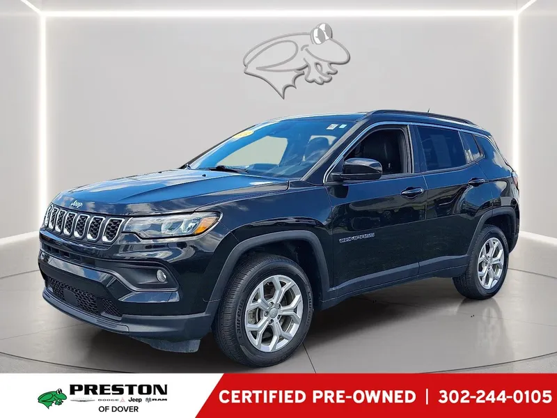 2024 Jeep Compass Latitude in Diamond Black Crystal Pearlcoat — front three-quarter view