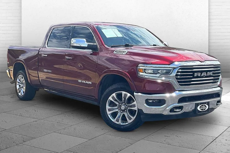 2019 RAM 1500 Longhorn in Red Pearl — front three-quarter view