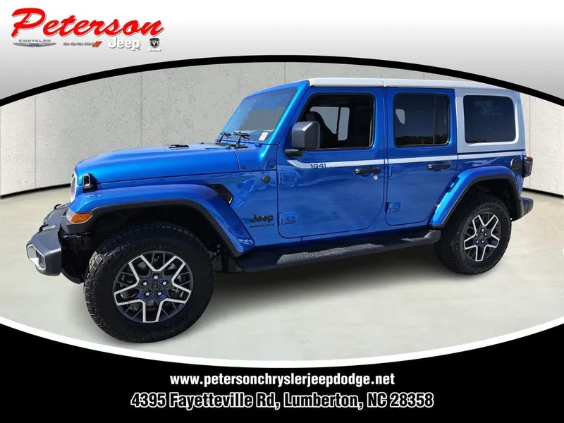 2026 Jeep Wrangler WRANGLER 4-DOOR SAHARA in Hydro Blue Pearl-Coat Exterior Paint — front three-quarter view