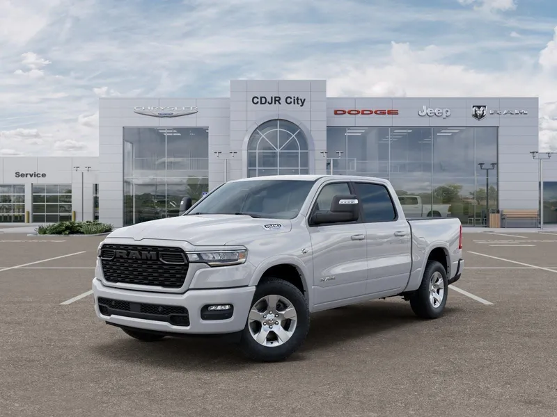 2026 RAM Ram 1500 RAM 1500 BIG HORN CREW CAB 4X4 5'7' BOX in Bright White Clear-Coat Exterior Paint — front three-quarter view