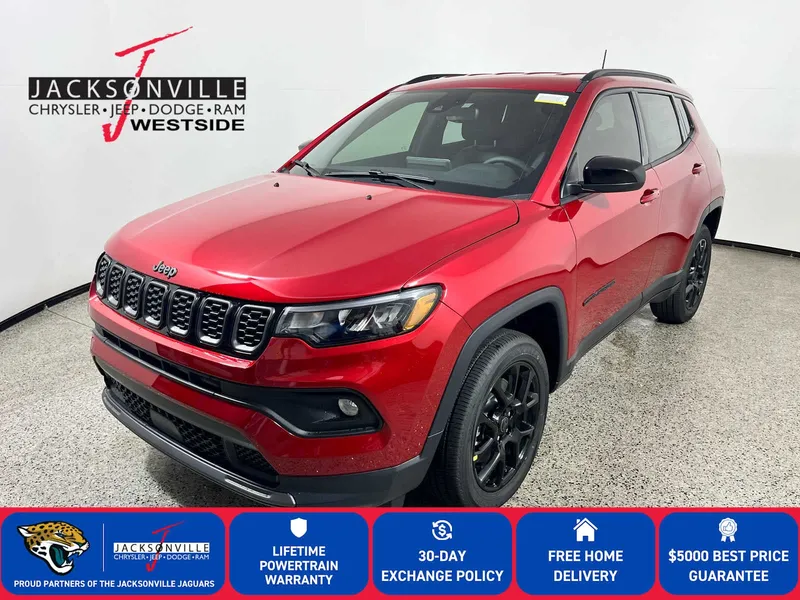 2026 Jeep Compass Latitude in Red Hot Pearl-Coat Exterior Paint — front three-quarter view