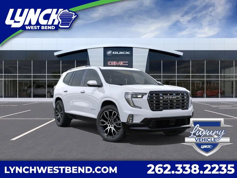 2026 GMC Acadia Denali Ultimate in Summit White — front three-quarter view