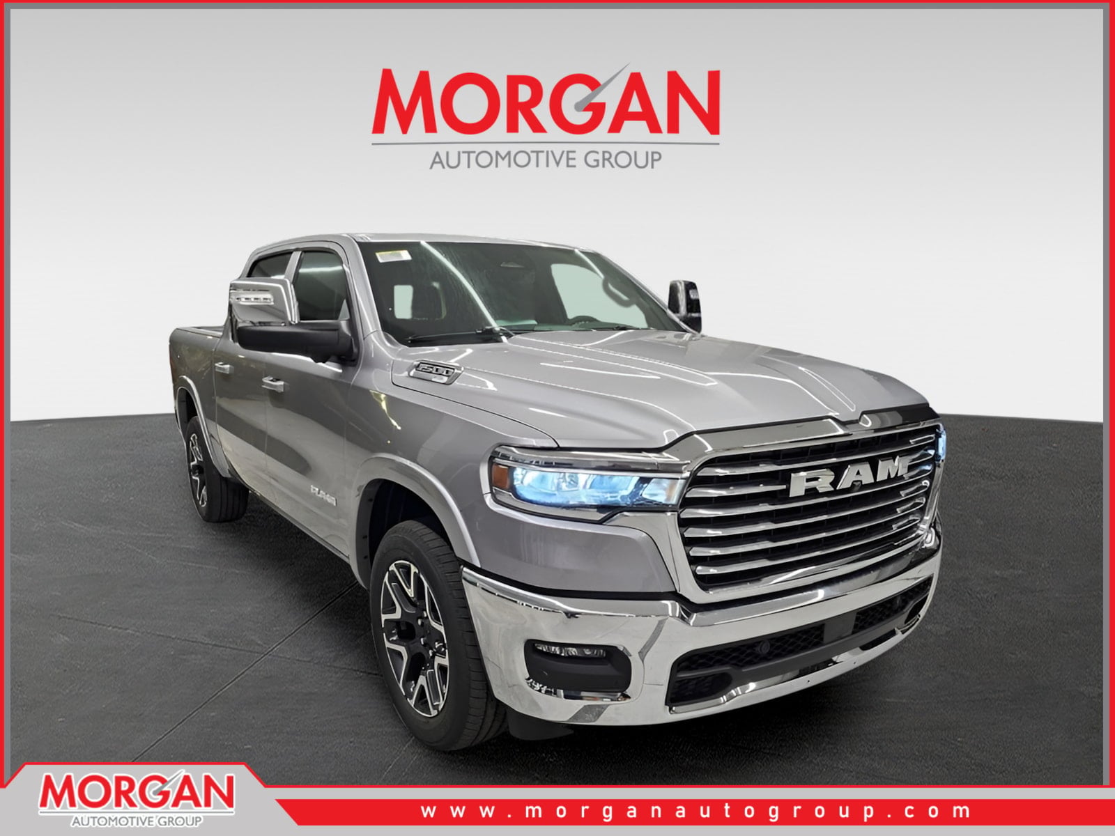 2026 Ram 1500 Laramie in Billet Silver Metallic Clearcoat — front three-quarter view
