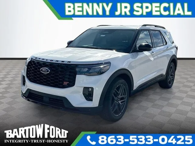 2026 Ford Explorer ST in White Metallic — front three-quarter view