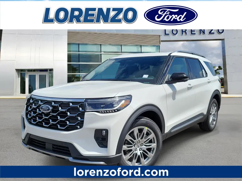 2026 Ford Explorer Platinum in Star White Metallic Tri-Coat — front three-quarter view