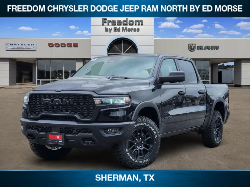 2026 RAM Ram 1500 RAM 1500 REBEL CREW CAB 4X4 5'7' BOX in Diamond Black Crystal Pearl-Coat Exterior Paint — front three-quarter view