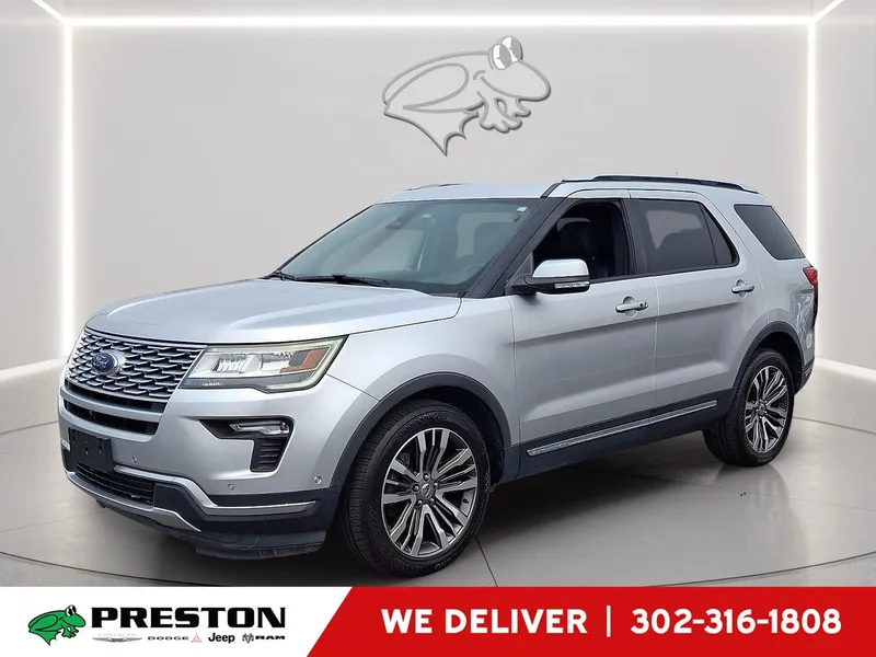 2018 Ford Explorer Platinum in Ingot Silver — front three-quarter view