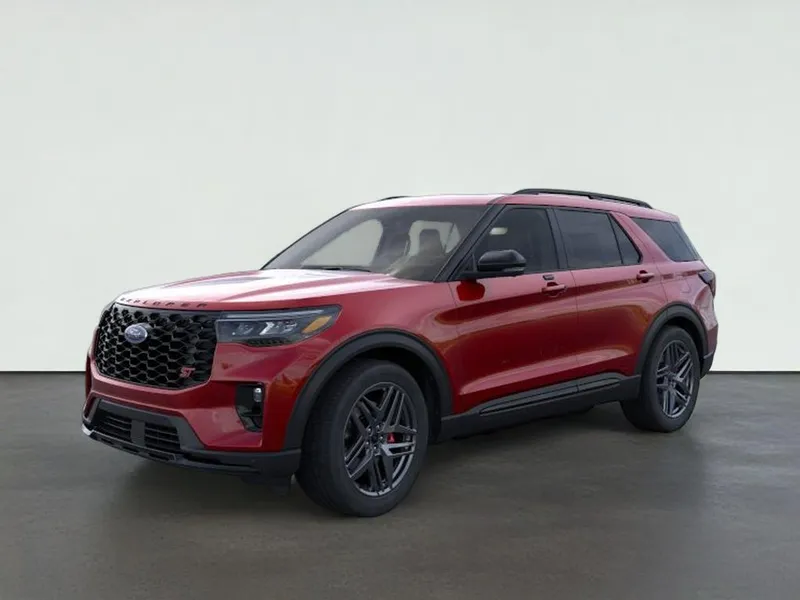 2026 Ford Explorer ST in Rapid Red Metallic Tinted Clearcoat — front three-quarter view