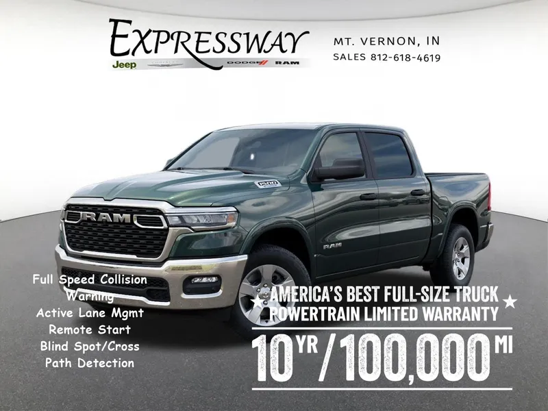 2026 RAM 1500 Big Horn 4x4 Crew Cab 5'7 Box in Serrano-Green Metallic Exterior Paint — front three-quarter view