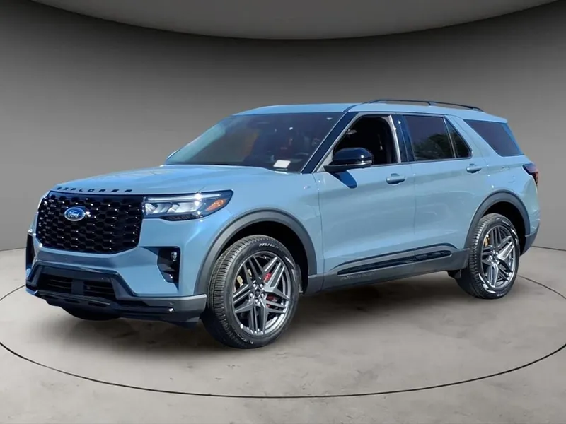 2026 Ford Explorer ST-Line in Vapor Blue — front three-quarter view