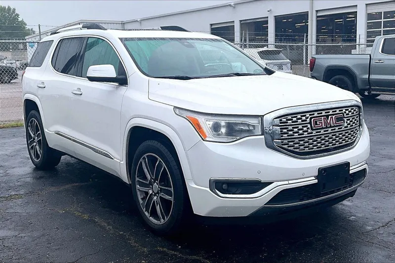 2017 GMC Acadia Denali in White Frost Tricoat — front three-quarter view