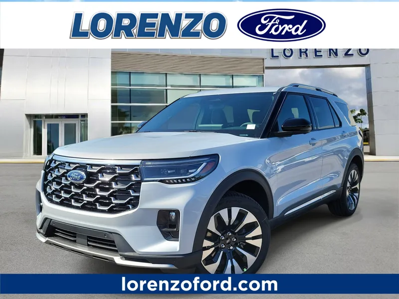 2026 Ford Explorer Platinum in Space White Metallic — front three-quarter view