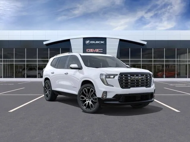 2026 GMC Acadia Denali Ultimate in Summit White — front three-quarter view