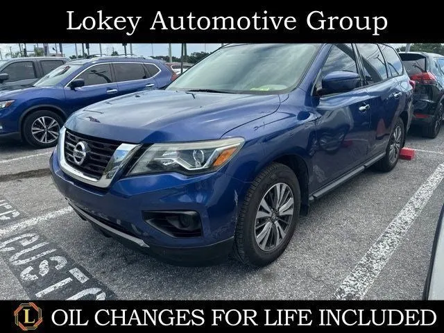 2017 Nissan Pathfinder S in Caspian Blue — front three-quarter view
