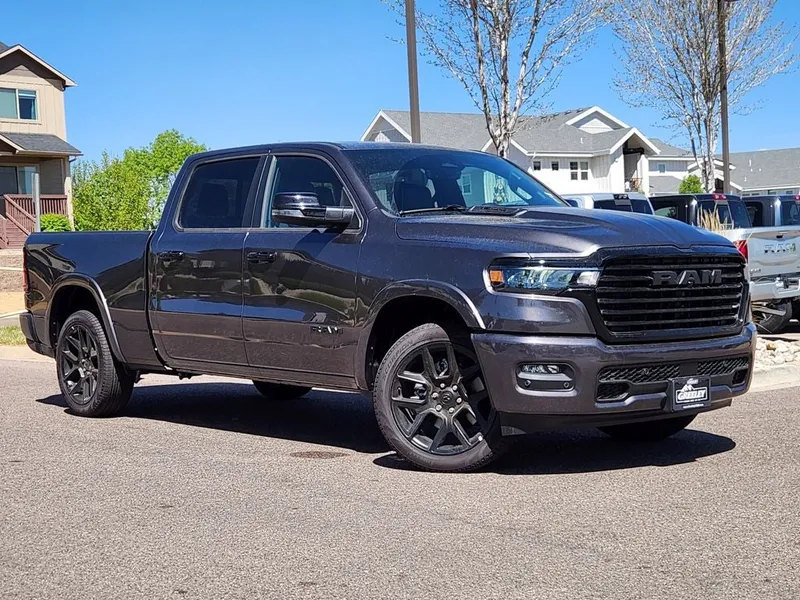 2026 RAM 1500 RAM 1500 LARAMIE CREW CAB 4X4 6'4' BOX in Granite Crystal Metallic Clear-Coat Exterior Paint — front three-quarter view
