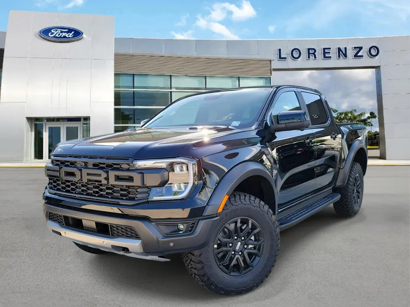 2026 Ford Ranger Raptor in Shadow Black — front three-quarter view