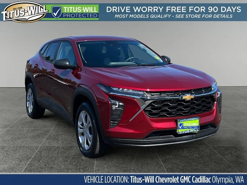 2025 Chevrolet Trax LS in Crimson Metallic — front three-quarter view