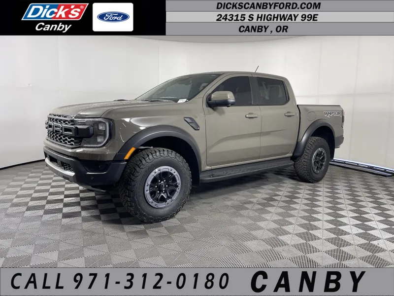 2026 Ford Ranger Raptor in Marsh Gray — front three-quarter view
