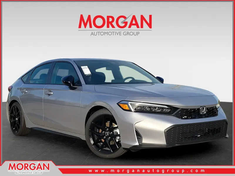 2026 Honda Civic Hatchback Sport in Solar Silver Metallic — front three-quarter view