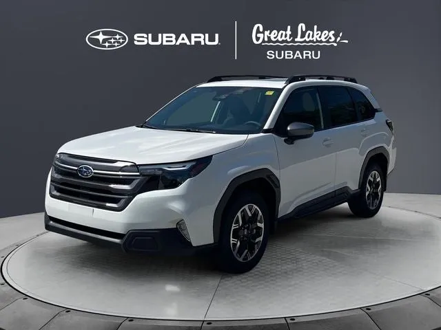 2026 Subaru FORESTER Premium in Crystal White Pearl — front three-quarter view