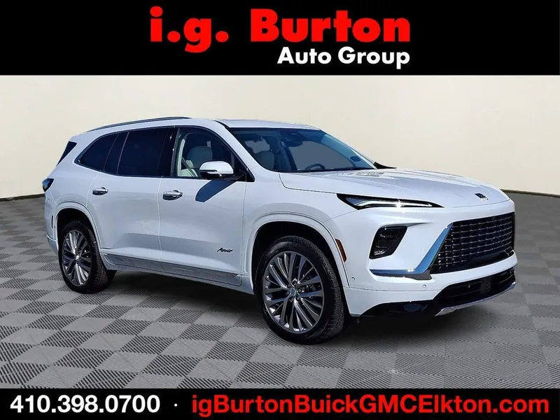 2026 Buick Enclave Avenir in Iridescent White Tricoat — front three-quarter view
