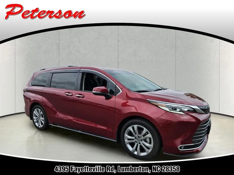 2023 Toyota Sienna Platinum in Ruby Flare Pearl — front three-quarter view