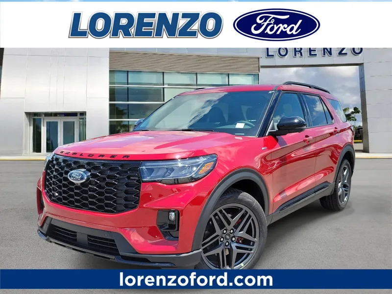 2026 Ford Explorer ST-Line in Rapid Red Metallic Tinted Clearcoat — front three-quarter view