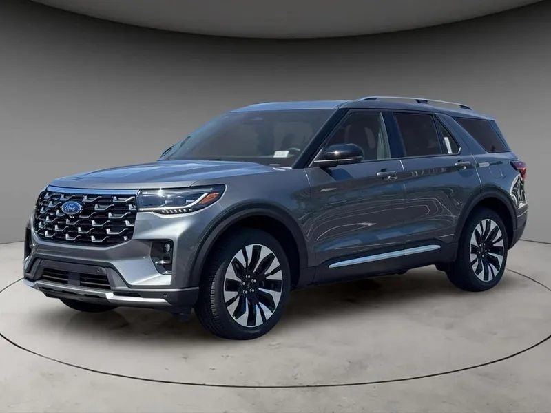 2026 Ford Explorer Platinum in Gray Metallic — front three-quarter view