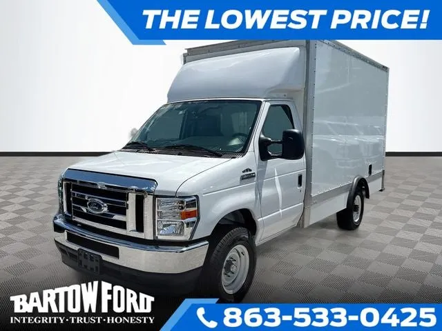 2025 Ford E-350SD 12' BOX TRUCK Cutaway in Oxford White — front three-quarter view