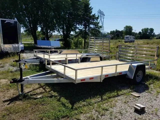 2027 Mid Michigan Trailers 7x14 SA, Bi-Fold Ramp,15" Wheels, 4' Ramp, LED Lights — front three-quarter view