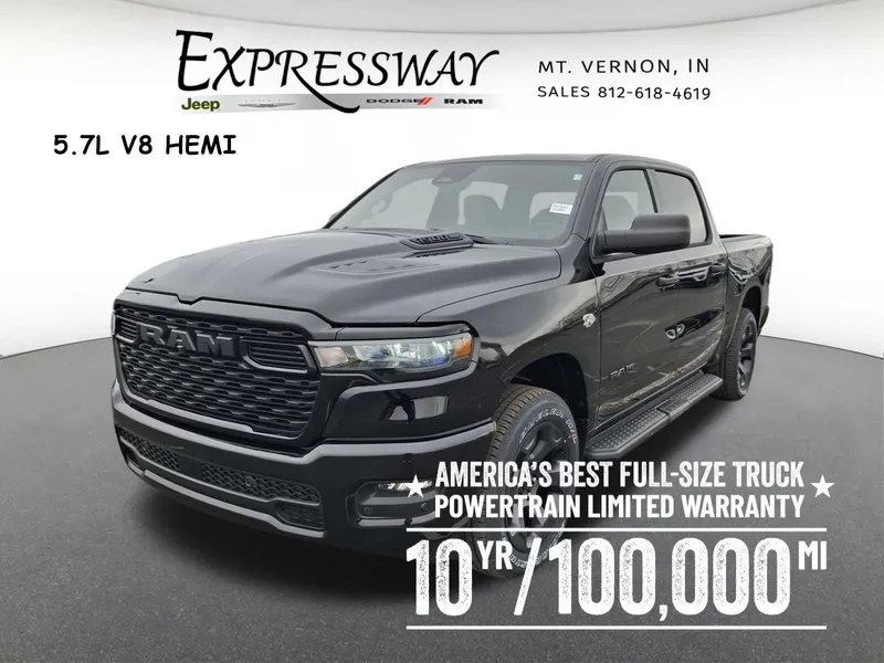 2026 RAM 1500 Express 4x4 Crew Cab 5'7 Box in Diamond Black Crystal Pearl-Coat Exterior Paint — front three-quarter view