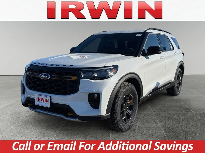2026 Ford Explorer Tremor in White — front three-quarter view
