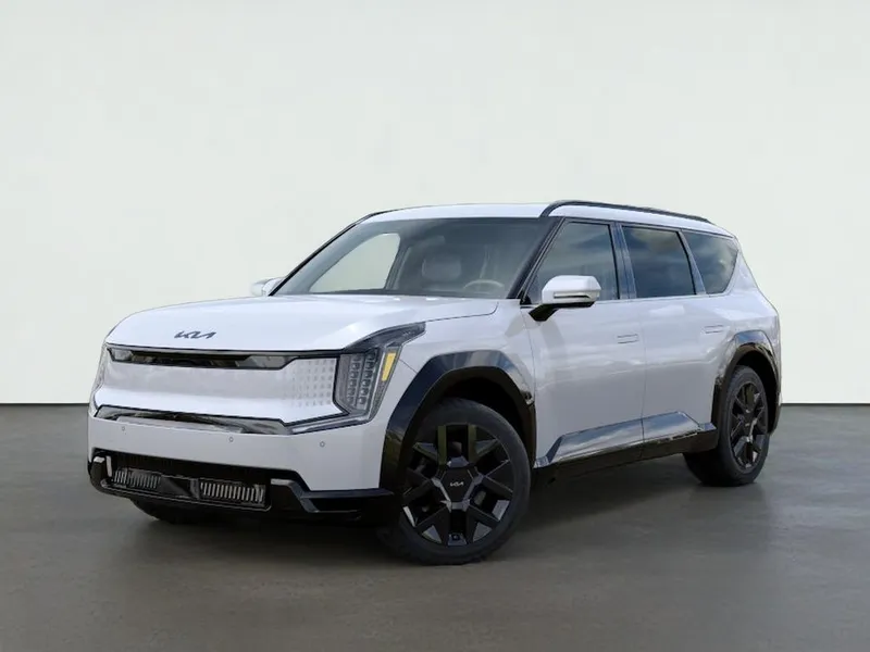 2026 Kia EV9 LAND in Glacial White Pearl — front three-quarter view