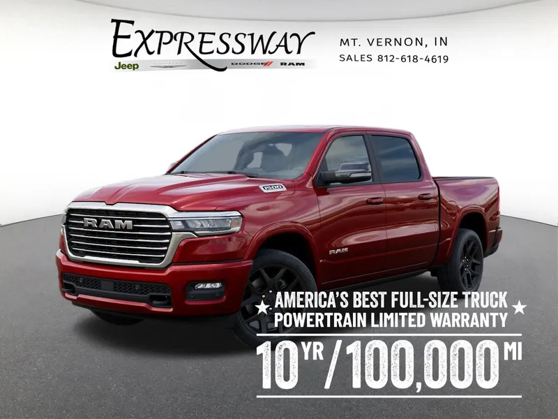 2026 RAM 1500 Laramie 4x4 Crew Cab 5'7 Box in Molten Red Pearl-Coat Exterior Paint — front three-quarter view