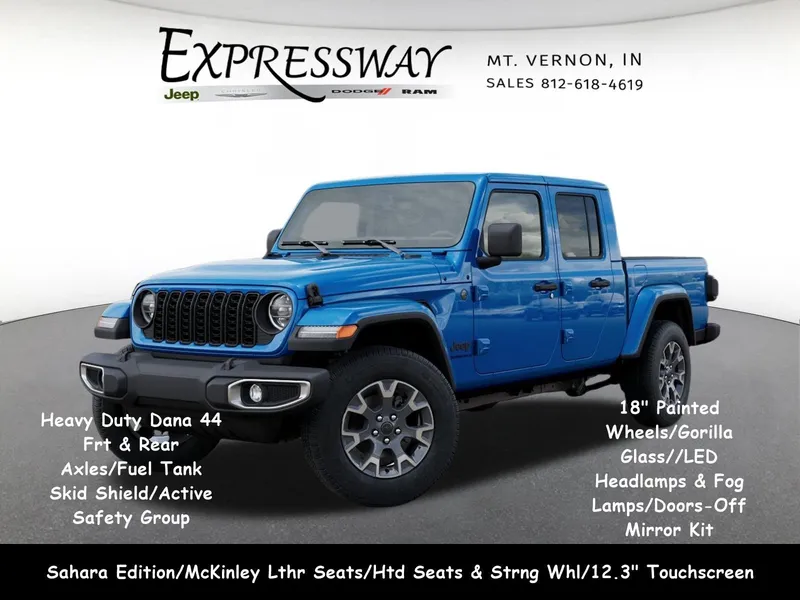 2026 Jeep Gladiator Sahara in Hydro Blue Pearl-Coat Exterior Paint — front three-quarter view