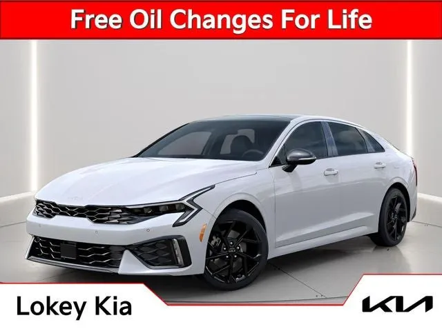 2026 Kia K5 GT-Line in Snow White Pearl — front three-quarter view