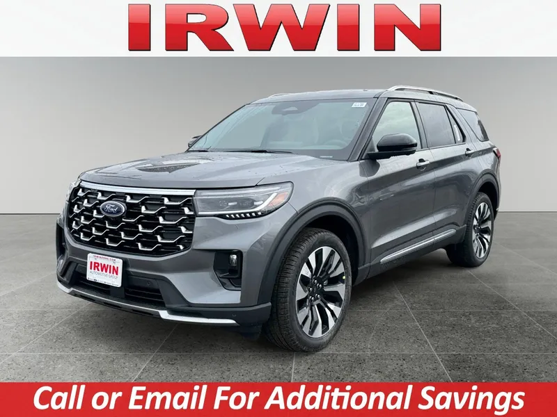 2026 Ford Explorer Platinum in Gray — front three-quarter view