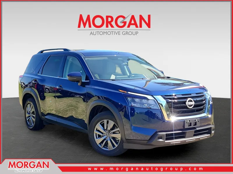 2025 Nissan Pathfinder SV in Blue — front three-quarter view