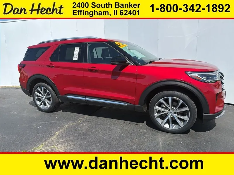 2025 Ford Explorer Platinum in Rapid Red Metallic Tinted Clearcoat — front three-quarter view