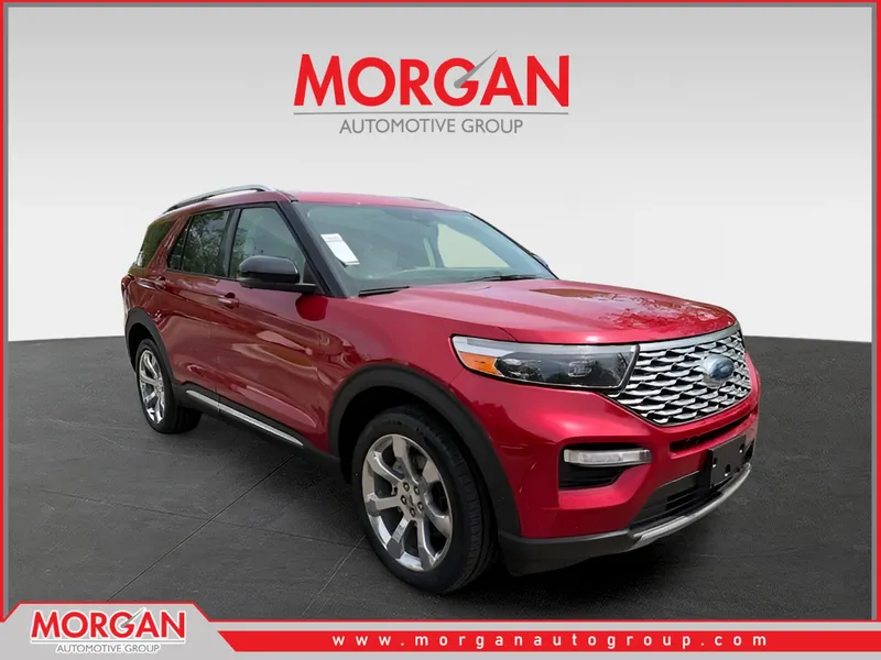 2020 Ford Explorer Platinum in Red — front three-quarter view
