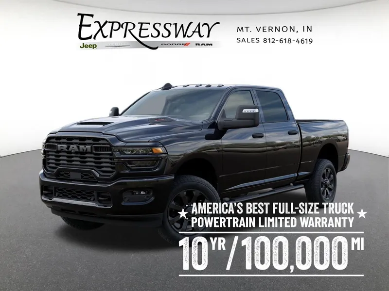 2026 RAM 2500 Black Express 4x4 Crew Cab 6'4 Box in Diamond Black Crystal Pearl-Coat Exterior Paint — front three-quarter view
