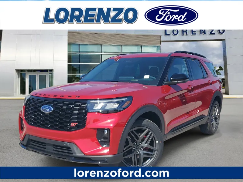 2026 Ford Explorer ST in Rapid Red Metallic Tinted Clearcoat — front three-quarter view