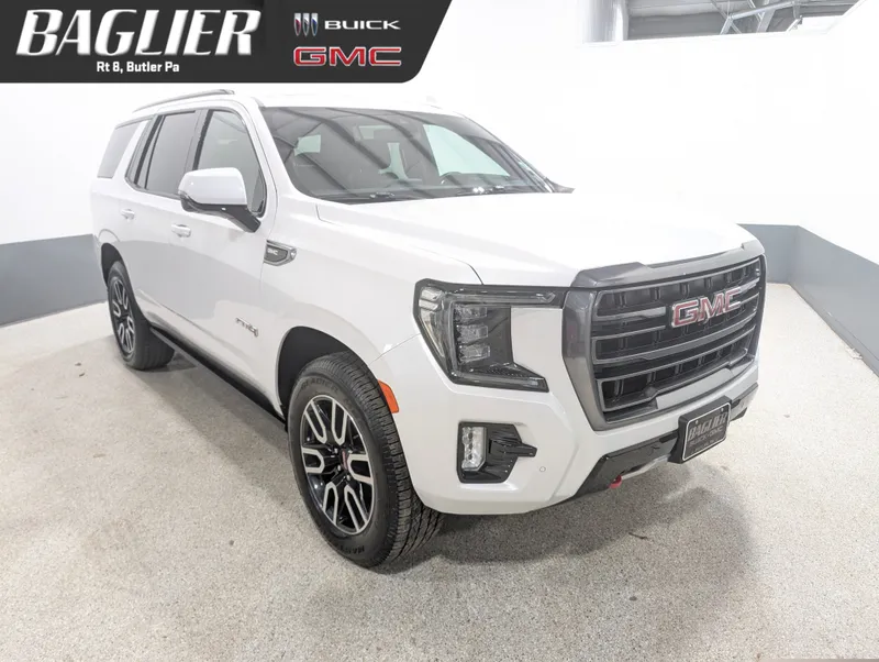 2021 GMC Yukon AT4 in White Frost Tricoat — front three-quarter view