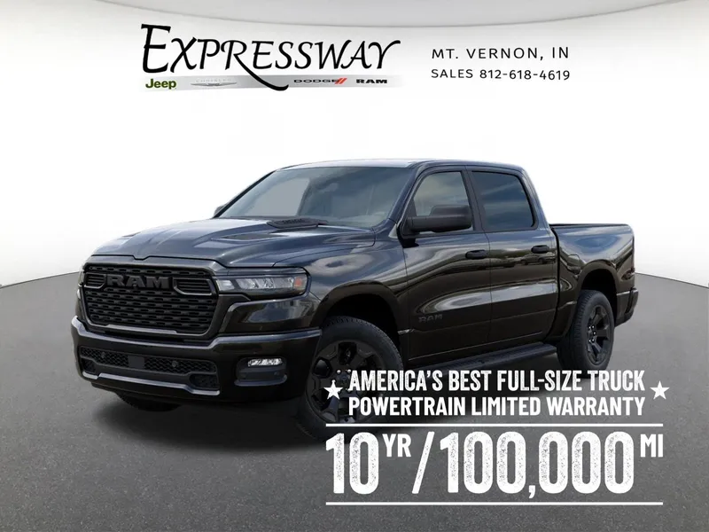 2026 RAM 1500 Express 4x4 Crew Cab 5'7 Box in Diamond Black Crystal Pearl-Coat Exterior Paint — front three-quarter view